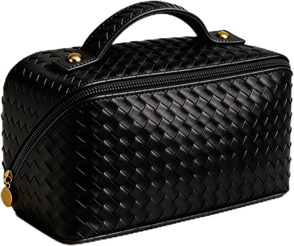 Travel Makeup Bag for Women: Large Capacity Waterproof PU Leather Case Easy to Care Open Flat Portable Pouch Cosmetic Make Up Toiletry Organizers for Travel Essentials (Black)