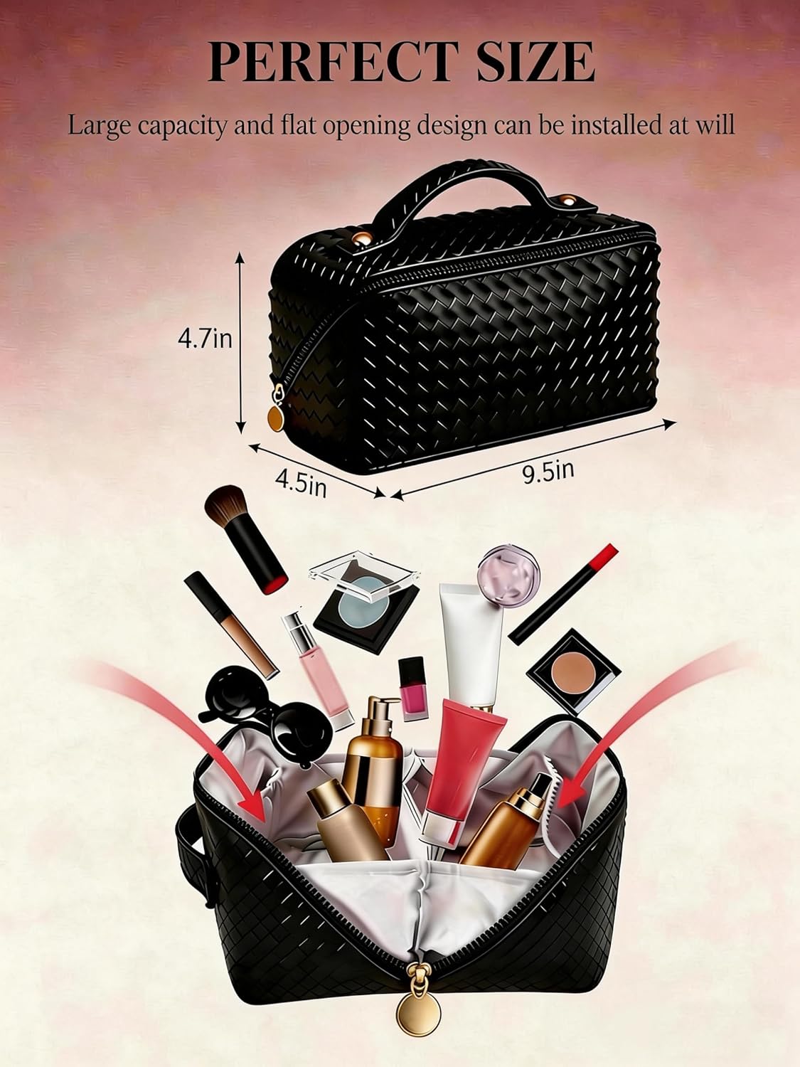 Travel Makeup Bag for Women: Large Capacity Waterproof PU Leather Case Easy to Care Open Flat Portable Pouch Cosmetic Make Up Toiletry Organizers for Travel Essentials (Black)