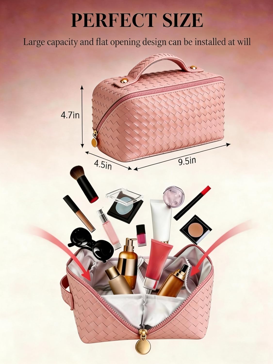 Travel Makeup Bag for Women: Large Capacity Waterproof PU Leather Case Easy to Care Open Flat Portable Pouch Cosmetic Make Up Toiletry Organizers for Travel Essentials (Black)