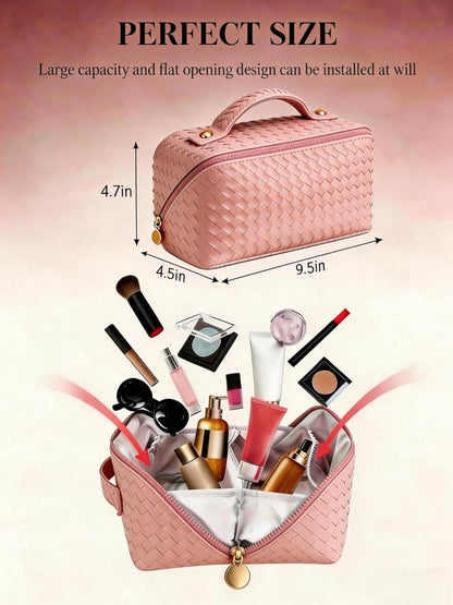 Travel Makeup Bag for Women: Large Capacity Waterproof PU Leather Case Easy to Care Open Flat Portable Pouch Cosmetic Make Up Toiletry Organizers for Travel Essentials (Black)