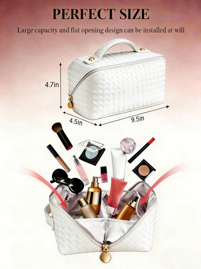 Travel Makeup Bag for Women: Large Capacity Waterproof PU Leather Case Easy to Care Open Flat Portable Pouch Cosmetic Make Up Toiletry Organizers for Travel Essentials (Black)