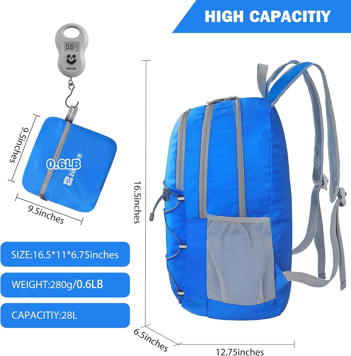 Lightweight Packable Backpack 35L, Foldable Backpacks Water Resistant Collapsible Light Daypack for Hiking(Silver Grey)