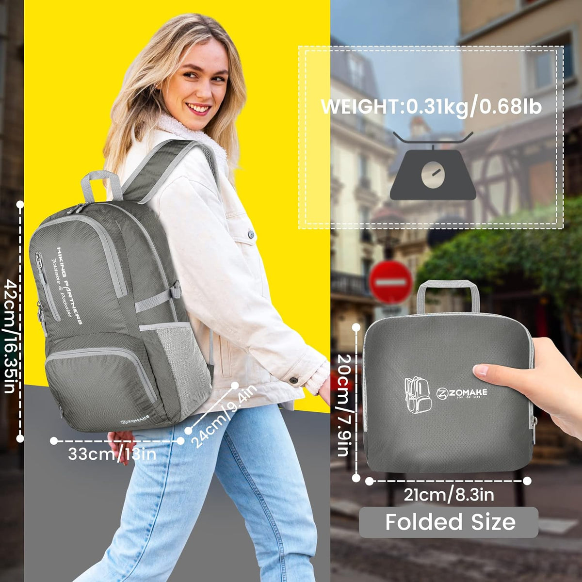 Lightweight Packable Backpack 35L, Foldable Backpacks Water Resistant Collapsible Light Daypack for Hiking(Silver Grey)