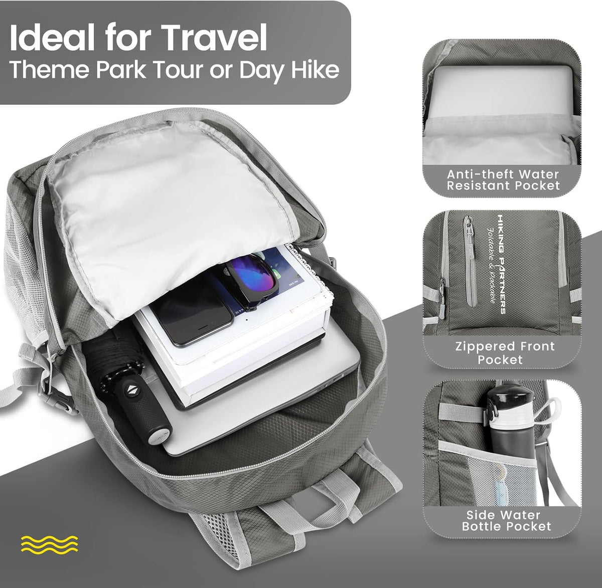 Lightweight Packable Backpack 35L, Foldable Backpacks Water Resistant Collapsible Light Daypack for Hiking(Silver Grey)