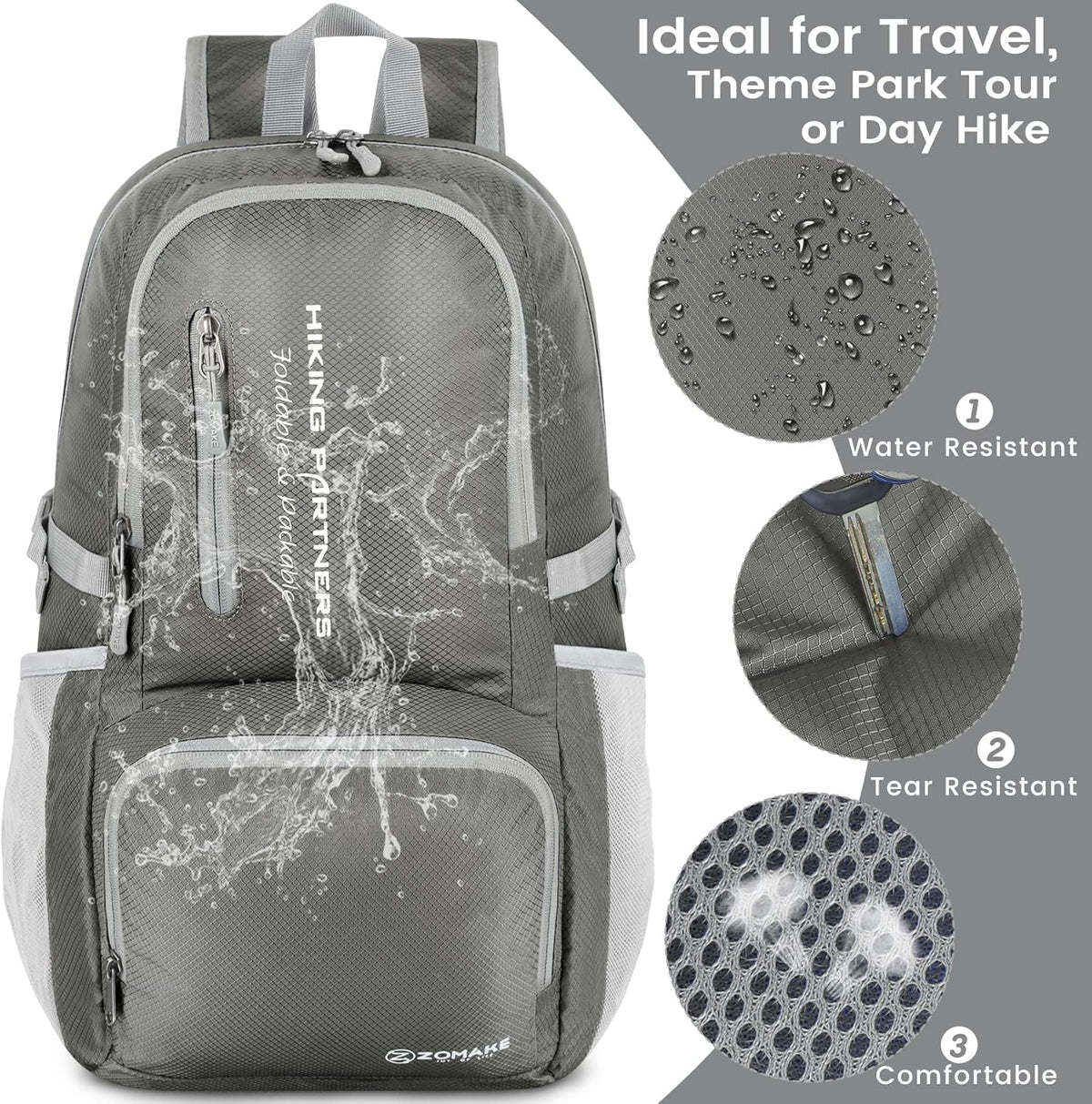 Lightweight Packable Backpack 35L, Foldable Backpacks Water Resistant Collapsible Light Daypack for Hiking(Silver Grey)