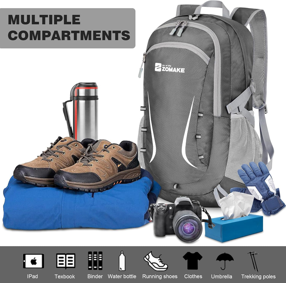 Lightweight Packable Backpack 35L, Foldable Backpacks Water Resistant Collapsible Light Daypack for Hiking(Silver Grey)