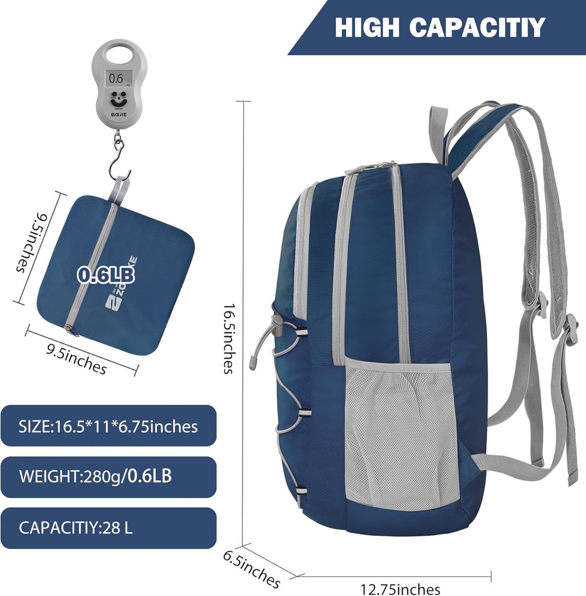 Lightweight Packable Backpack 35L, Foldable Backpacks Water Resistant Collapsible Light Daypack for Hiking(Silver Grey)