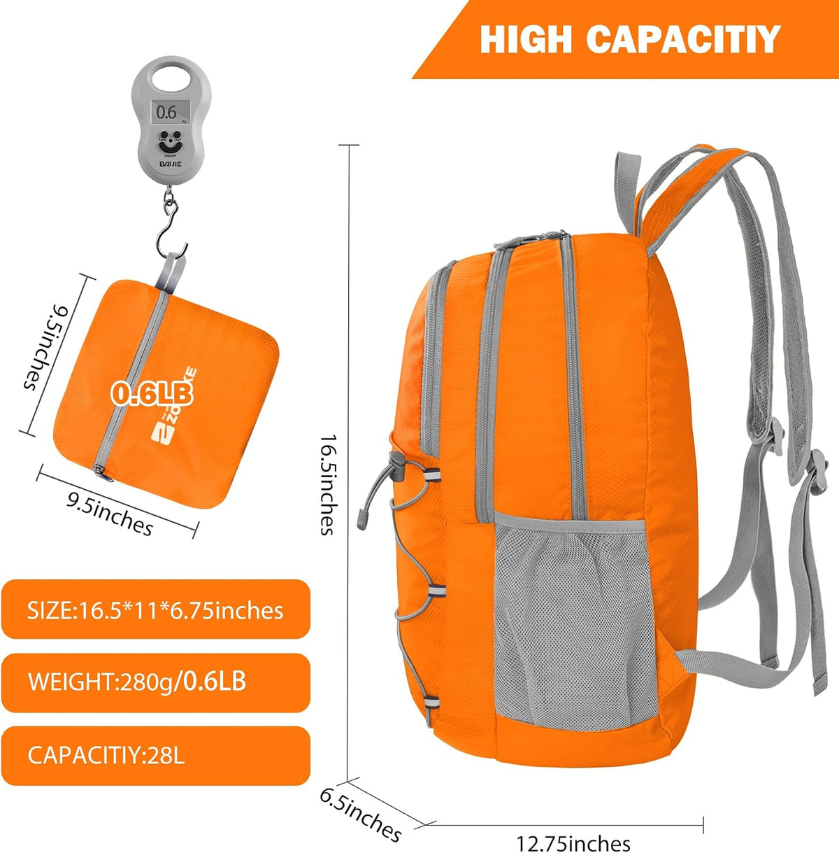 Lightweight Packable Backpack 35L, Foldable Backpacks Water Resistant Collapsible Light Daypack for Hiking(Silver Grey)
