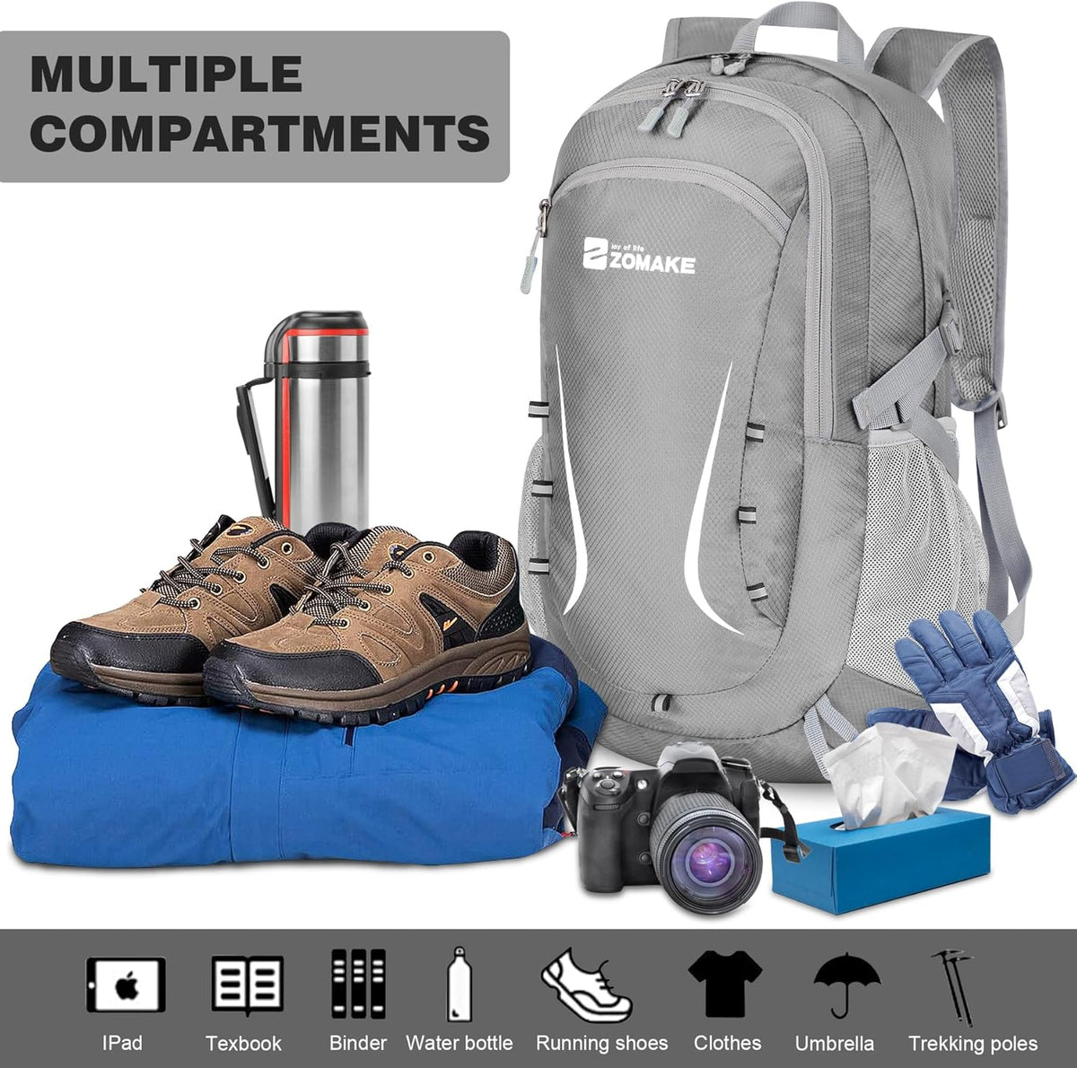 Lightweight Packable Backpack 35L, Foldable Backpacks Water Resistant Collapsible Light Daypack for Hiking(Silver Grey)