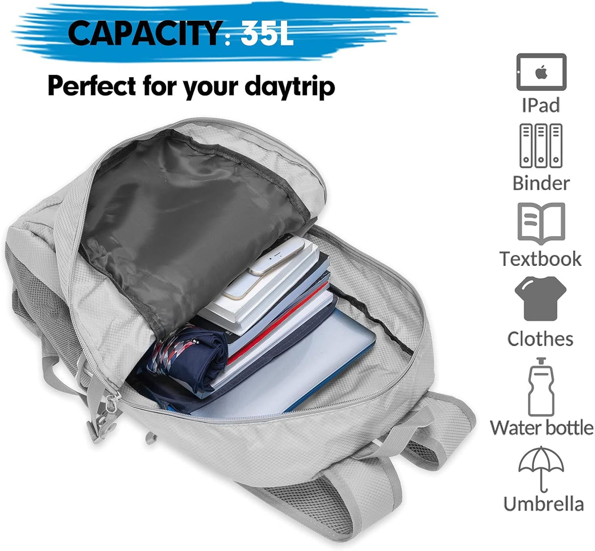Lightweight Packable Backpack 35L, Foldable Backpacks Water Resistant Collapsible Light Daypack for Hiking(Silver Grey)