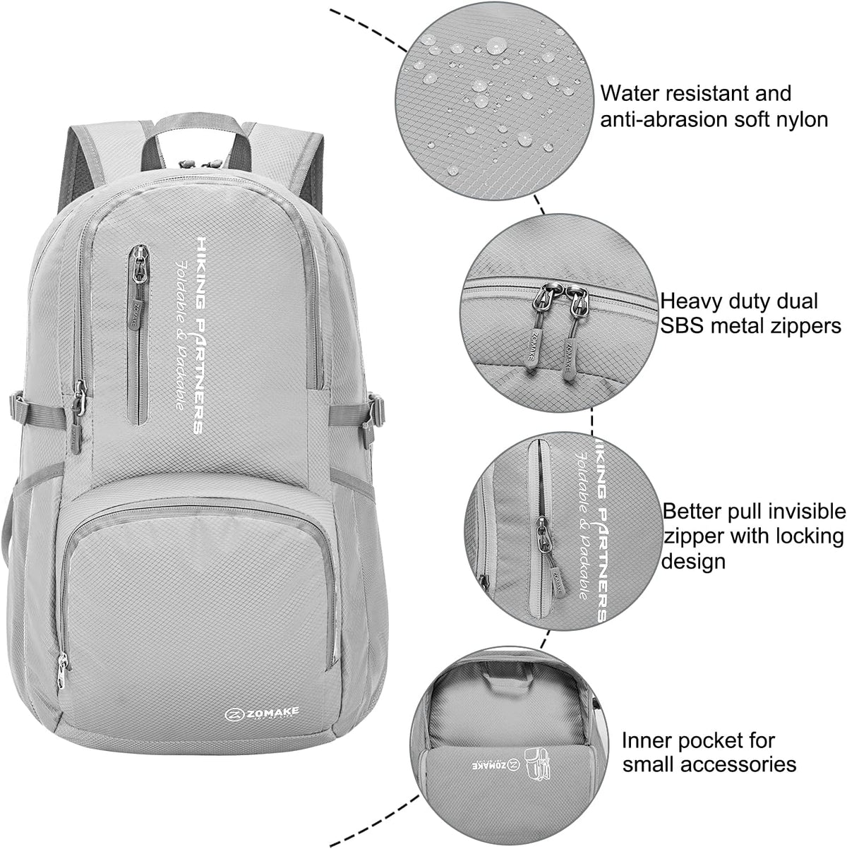 Lightweight Packable Backpack 35L, Foldable Backpacks Water Resistant Collapsible Light Daypack for Hiking(Silver Grey)