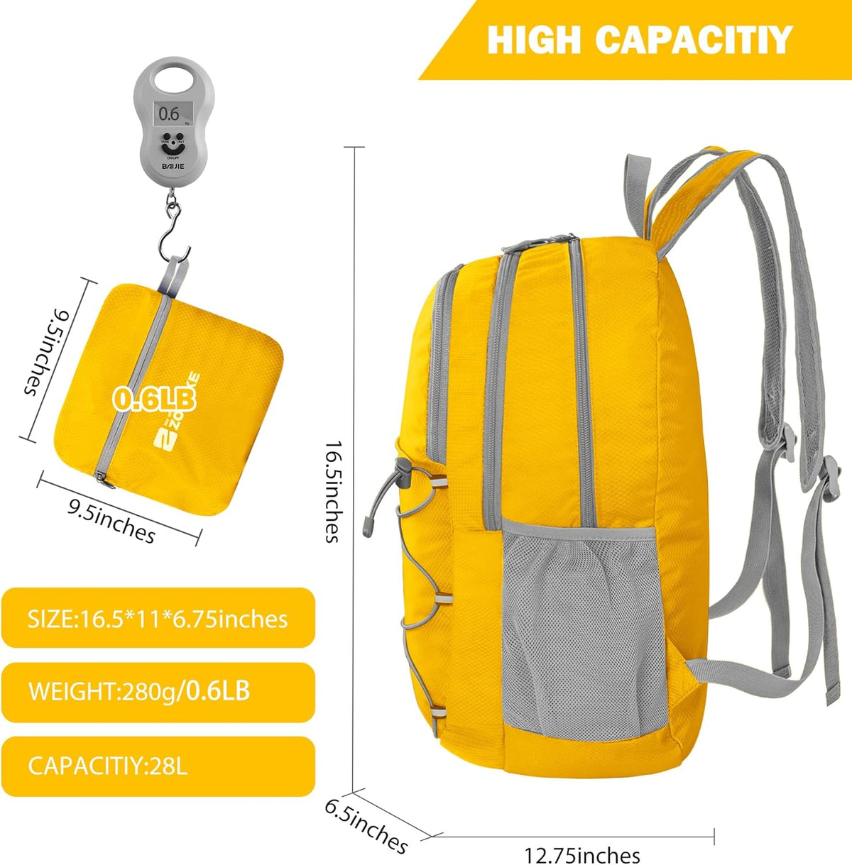 Lightweight Packable Backpack 35L, Foldable Backpacks Water Resistant Collapsible Light Daypack for Hiking(Silver Grey)