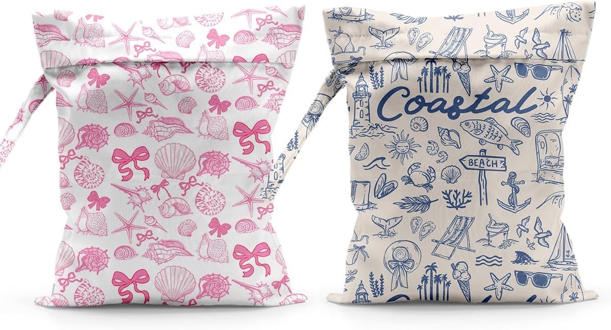 Waterproof Cloth Diaper Wet Dry Bag Reusable Travel Beach Pool Wet Bags | Daycare Soiled Toddler Items Yoga Gym Bag for Swimsuits Wet Clothes Bags - Pink Coastal Pattern