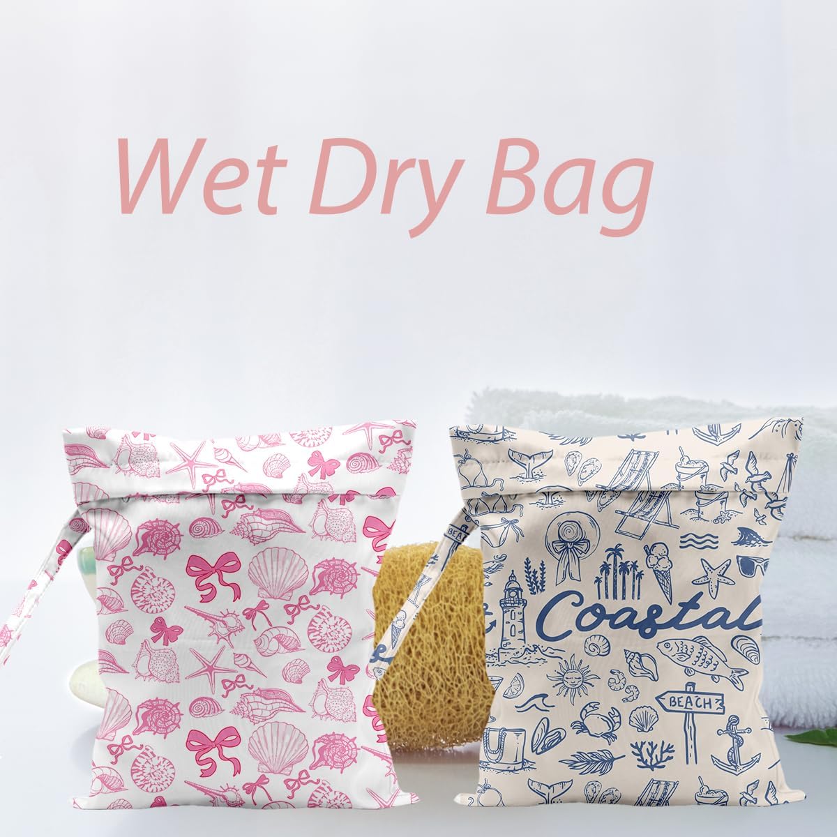 Waterproof Cloth Diaper Wet Dry Bag Reusable Travel Beach Pool Wet Bags | Daycare Soiled Toddler Items Yoga Gym Bag for Swimsuits Wet Clothes Bags - Pink Coastal Pattern