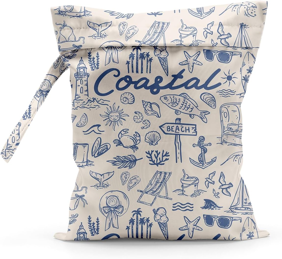 Waterproof Cloth Diaper Wet Dry Bag Reusable Travel Beach Pool Wet Bags | Daycare Soiled Toddler Items Yoga Gym Bag for Swimsuits Wet Clothes Bags - Pink Coastal Pattern