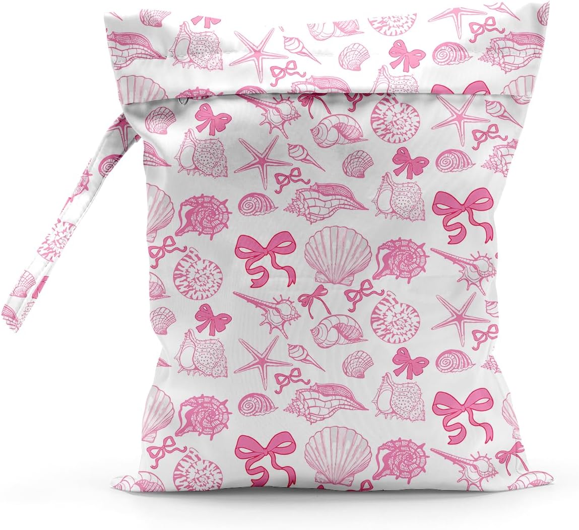 Waterproof Cloth Diaper Wet Dry Bag Reusable Travel Beach Pool Wet Bags | Daycare Soiled Toddler Items Yoga Gym Bag for Swimsuits Wet Clothes Bags - Pink Coastal Pattern