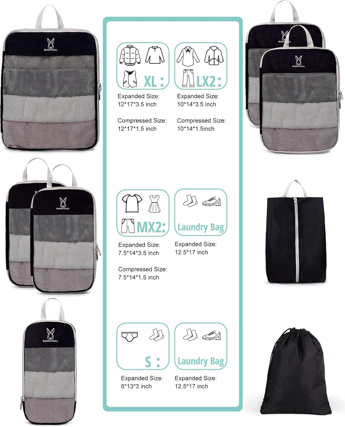 6/8 Sets Compression Packing Cubes for Travel, Portable Zipper Packing Cube for Cloting, Expandable Space Saver Storage Luggage Organizer Bags for Suitcases
