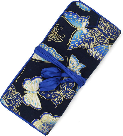 Jewelry Travel Bag Embroidery Travel Jewelry Organizer with Tie Close Embroidered Flower Jewelry Roll for Women Girls (Bamboo Green)