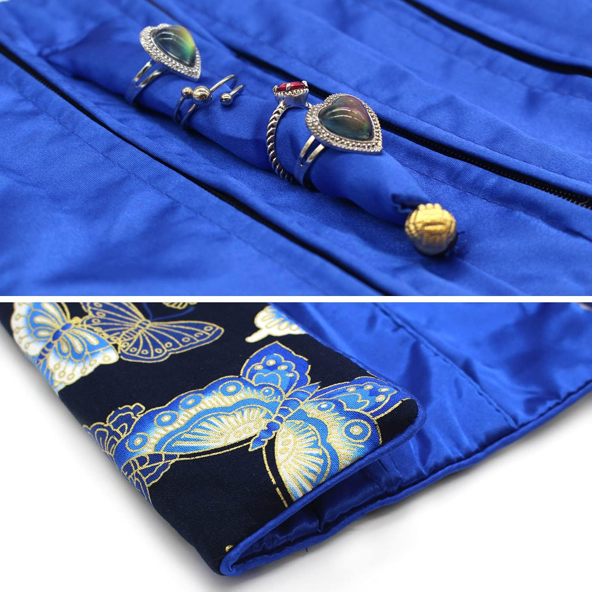 Jewelry Travel Bag Embroidery Travel Jewelry Organizer with Tie Close Embroidered Flower Jewelry Roll for Women Girls (Bamboo Green)