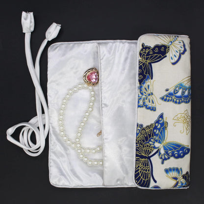 Jewelry Travel Bag Embroidery Travel Jewelry Organizer with Tie Close Embroidered Flower Jewelry Roll for Women Girls (Bamboo Green)