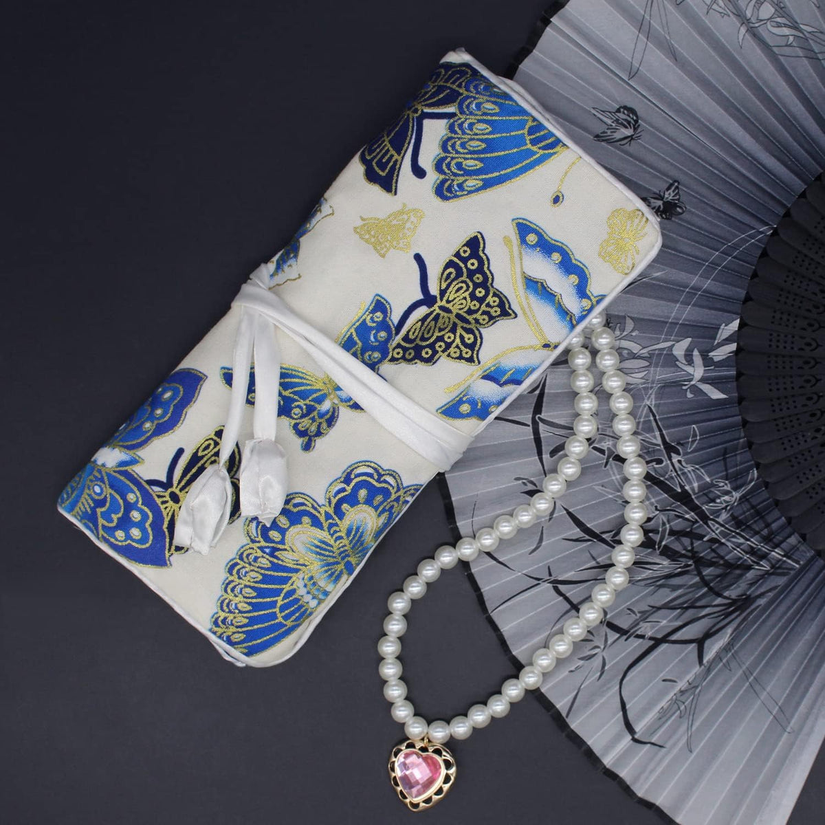 Jewelry Travel Bag Embroidery Travel Jewelry Organizer with Tie Close Embroidered Flower Jewelry Roll for Women Girls (Bamboo Green)