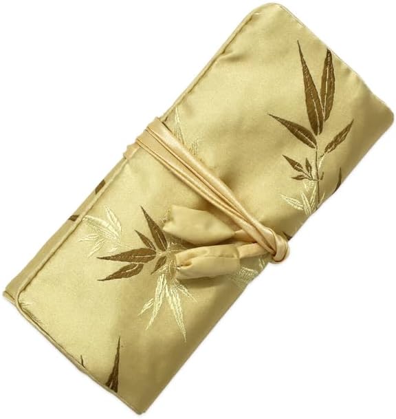 Jewelry Travel Bag Embroidery Travel Jewelry Organizer with Tie Close Embroidered Flower Jewelry Roll for Women Girls (Bamboo Green)
