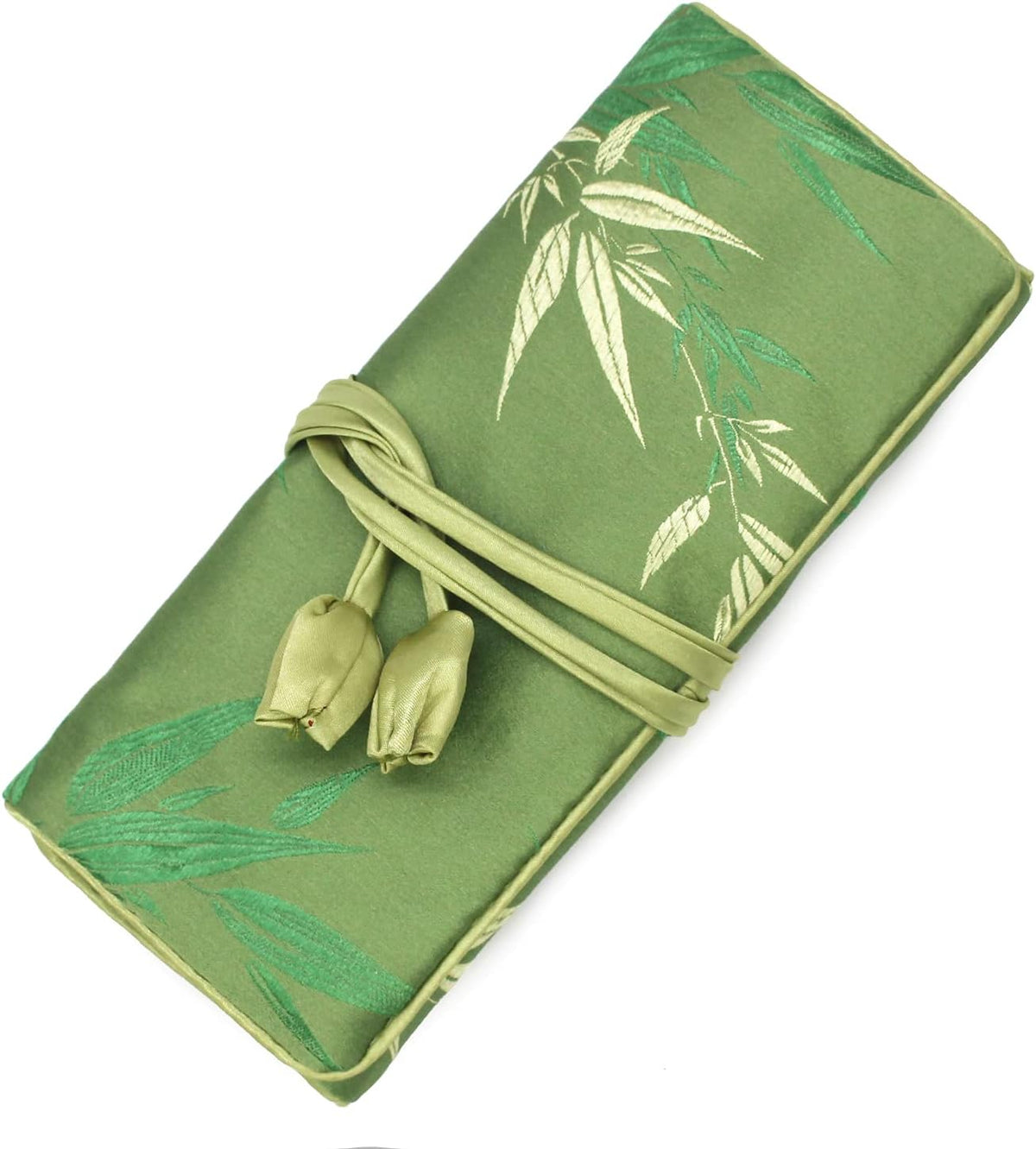 Jewelry Travel Bag Embroidery Travel Jewelry Organizer with Tie Close Embroidered Flower Jewelry Roll for Women Girls (Bamboo Green)