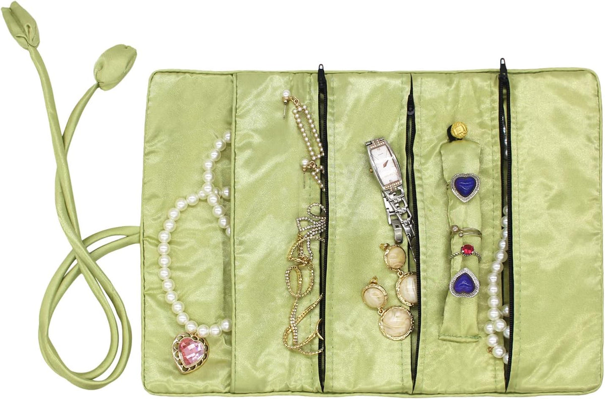 Jewelry Travel Bag Embroidery Travel Jewelry Organizer with Tie Close Embroidered Flower Jewelry Roll for Women Girls (Bamboo Green)