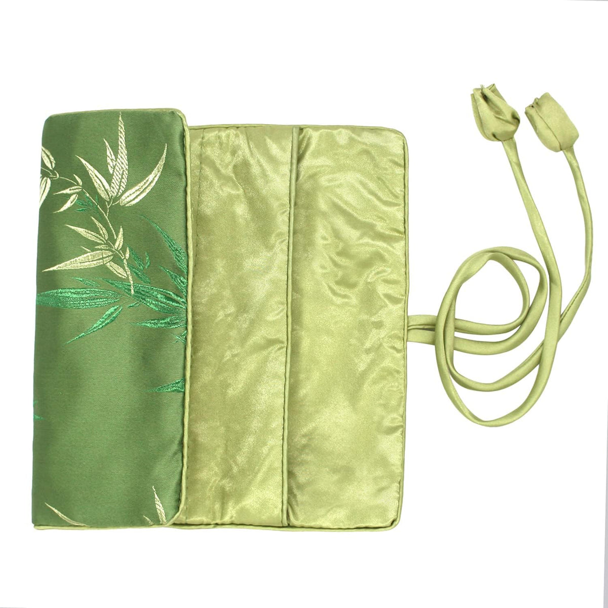 Jewelry Travel Bag Embroidery Travel Jewelry Organizer with Tie Close Embroidered Flower Jewelry Roll for Women Girls (Bamboo Green)