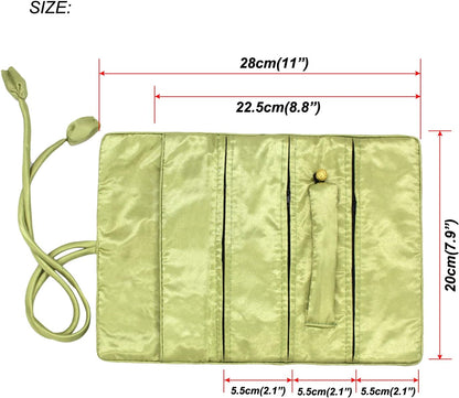 Jewelry Travel Bag Embroidery Travel Jewelry Organizer with Tie Close Embroidered Flower Jewelry Roll for Women Girls (Bamboo Green)