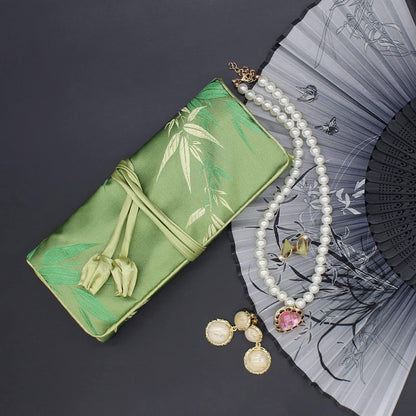 Jewelry Travel Bag Embroidery Travel Jewelry Organizer with Tie Close Embroidered Flower Jewelry Roll for Women Girls (Bamboo Green)