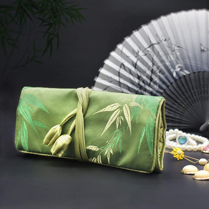 Jewelry Travel Bag Embroidery Travel Jewelry Organizer with Tie Close Embroidered Flower Jewelry Roll for Women Girls (Bamboo Green)