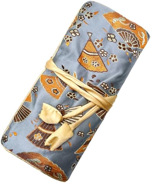 Jewelry Travel Bag Embroidery Travel Jewelry Organizer with Tie Close Embroidered Flower Jewelry Roll for Women Girls (Bamboo Green)