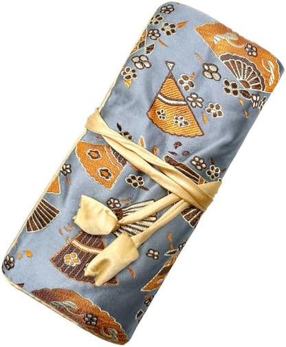 Jewelry Travel Bag Embroidery Travel Jewelry Organizer with Tie Close Embroidered Flower Jewelry Roll for Women Girls (Bamboo Green)