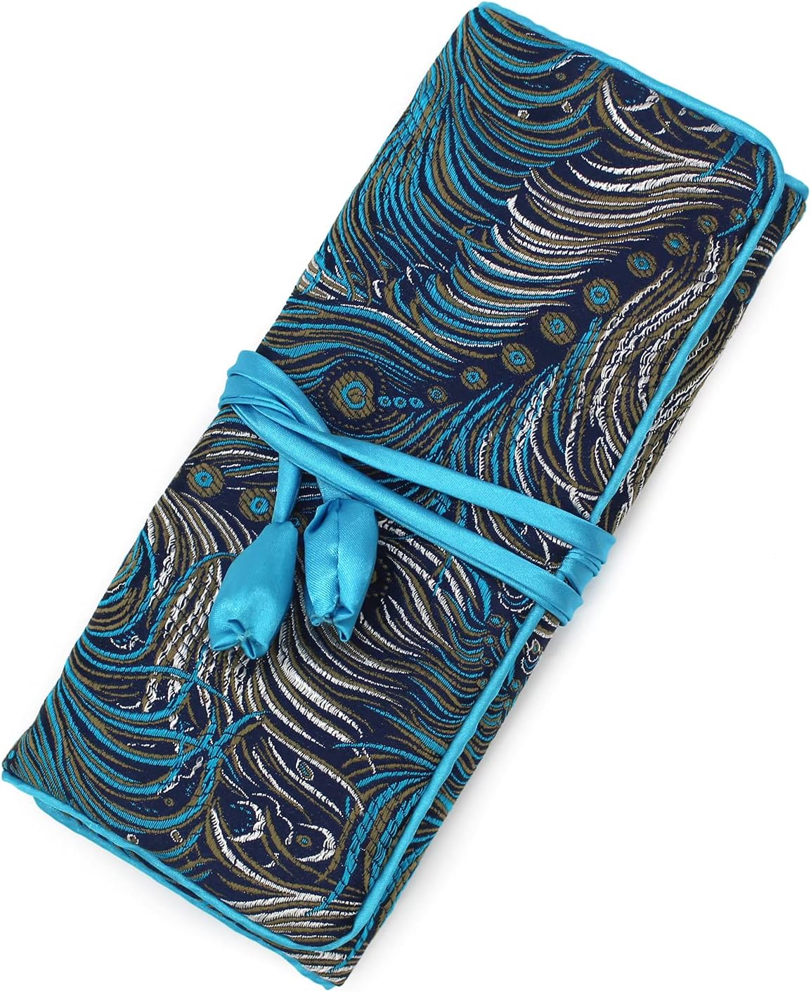 Jewelry Travel Bag Embroidery Travel Jewelry Organizer with Tie Close Embroidered Flower Jewelry Roll for Women Girls (Bamboo Green)