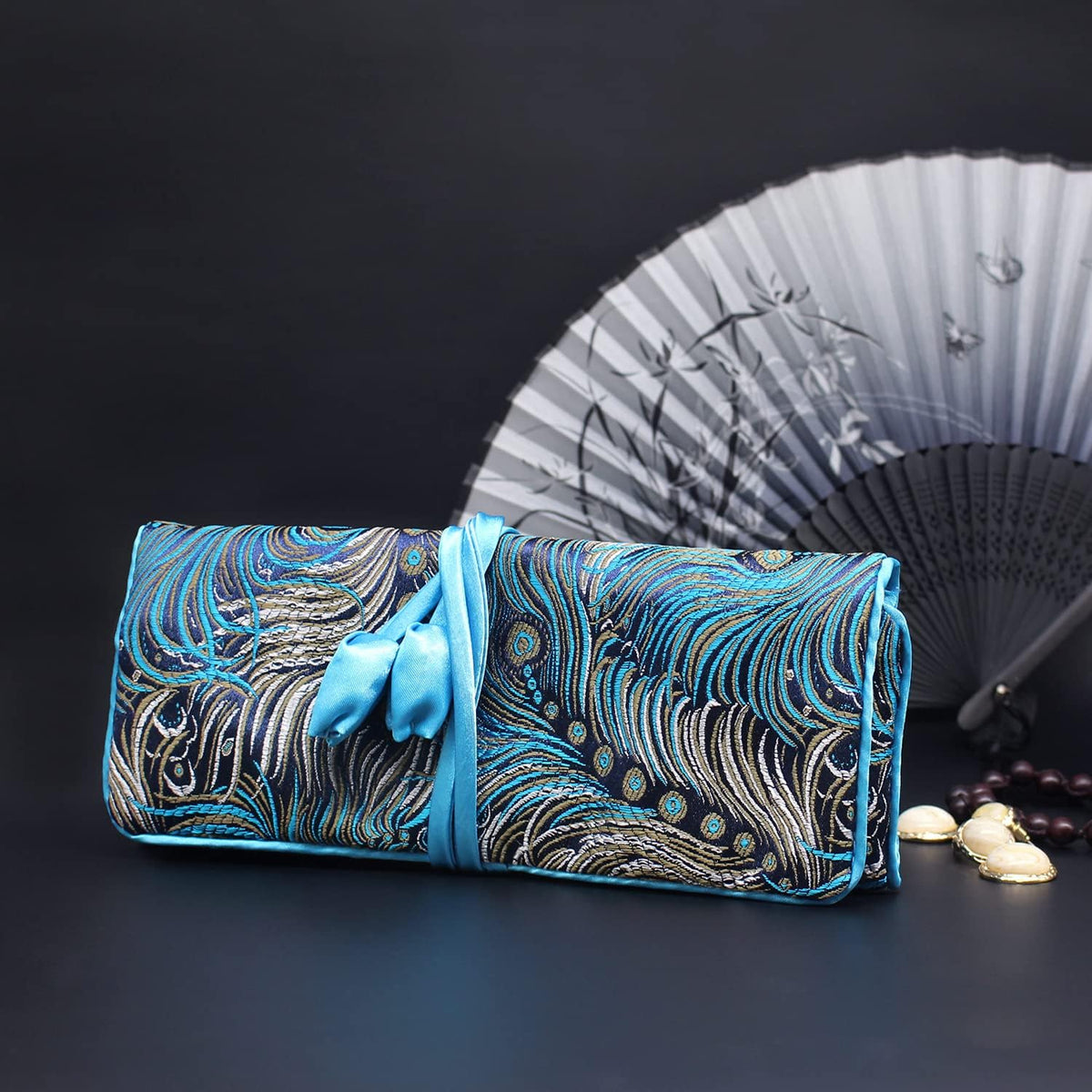 Jewelry Travel Bag Embroidery Travel Jewelry Organizer with Tie Close Embroidered Flower Jewelry Roll for Women Girls (Bamboo Green)