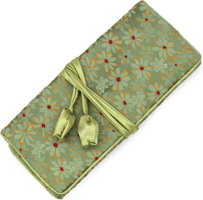 Jewelry Travel Bag Embroidery Travel Jewelry Organizer with Tie Close Embroidered Flower Jewelry Roll for Women Girls (Bamboo Green)