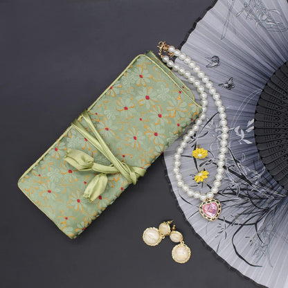 Jewelry Travel Bag Embroidery Travel Jewelry Organizer with Tie Close Embroidered Flower Jewelry Roll for Women Girls (Bamboo Green)
