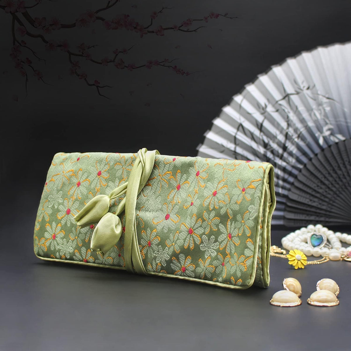 Jewelry Travel Bag Embroidery Travel Jewelry Organizer with Tie Close Embroidered Flower Jewelry Roll for Women Girls (Bamboo Green)