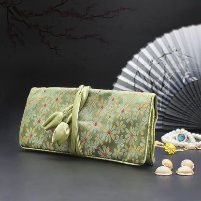 Jewelry Travel Bag Embroidery Travel Jewelry Organizer with Tie Close Embroidered Flower Jewelry Roll for Women Girls (Bamboo Green)