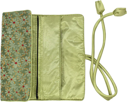 Jewelry Travel Bag Embroidery Travel Jewelry Organizer with Tie Close Embroidered Flower Jewelry Roll for Women Girls (Bamboo Green)