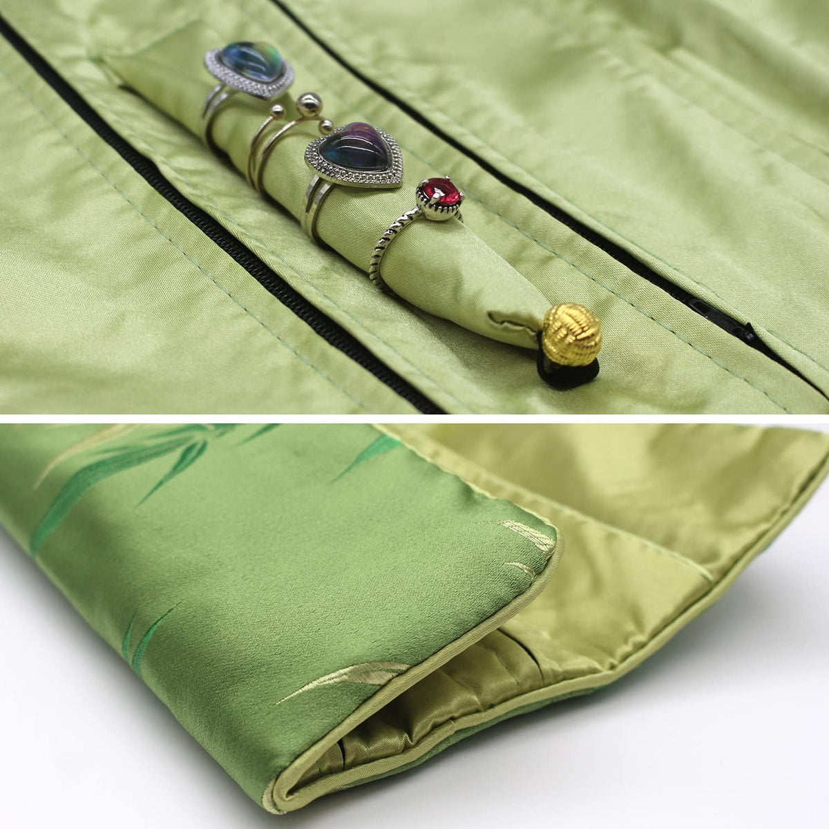 Jewelry Travel Bag Embroidery Travel Jewelry Organizer with Tie Close Embroidered Flower Jewelry Roll for Women Girls (Bamboo Green)