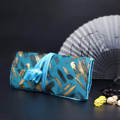Jewelry Travel Bag Embroidery Travel Jewelry Organizer with Tie Close Embroidered Flower Jewelry Roll for Women Girls (Bamboo Green)