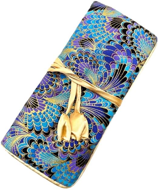 Jewelry Travel Bag Embroidery Travel Jewelry Organizer with Tie Close Embroidered Flower Jewelry Roll for Women Girls (Bamboo Green)