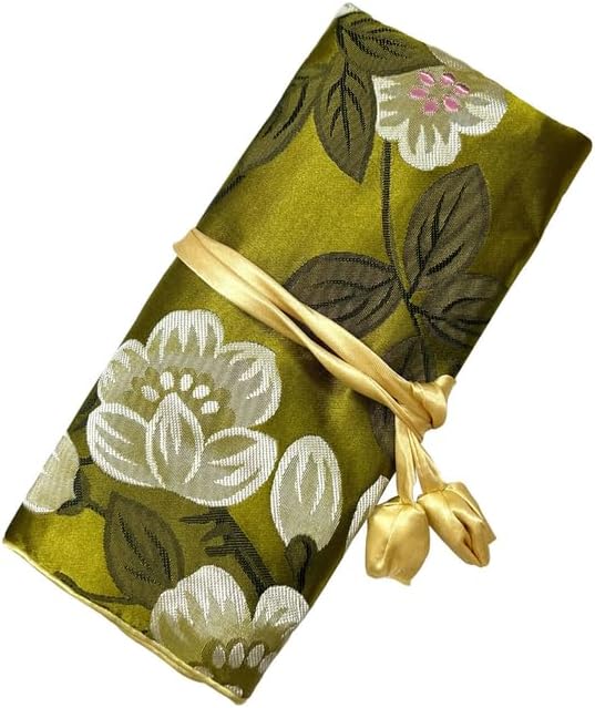 Jewelry Travel Bag Embroidery Travel Jewelry Organizer with Tie Close Embroidered Flower Jewelry Roll for Women Girls (Bamboo Green)