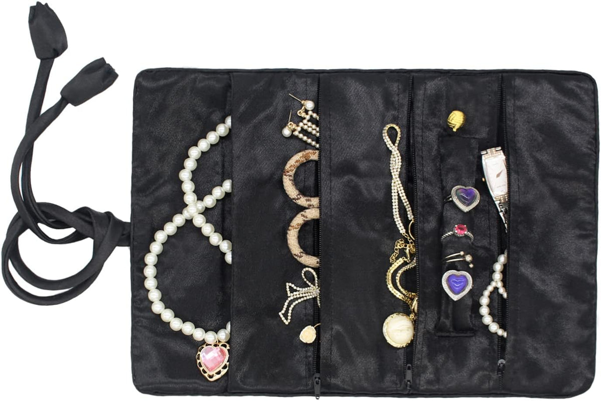 Jewelry Travel Bag Embroidery Travel Jewelry Organizer with Tie Close Embroidered Flower Jewelry Roll for Women Girls (Bamboo Green)