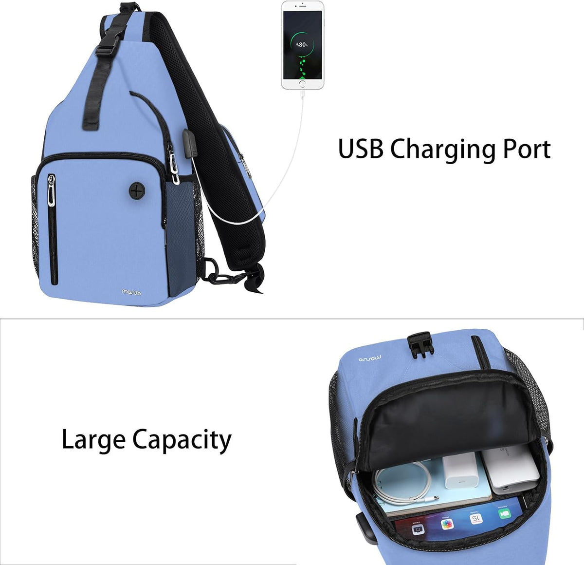 Sling Backpack Bag, Crossbody Shoulder Bag Travel Hiking Daypack Chest Bag with Front Square Pocket&USB Charging Port