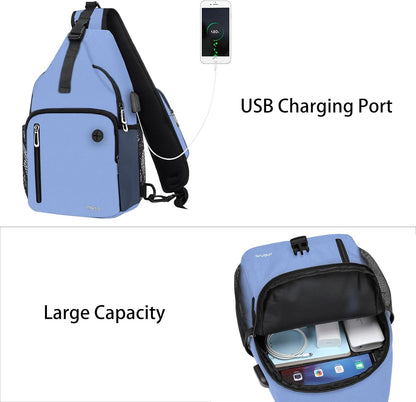 Sling Backpack Bag, Crossbody Shoulder Bag Travel Hiking Daypack Chest Bag with Front Square Pocket&USB Charging Port