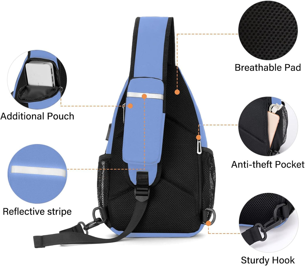 Sling Backpack Bag, Crossbody Shoulder Bag Travel Hiking Daypack Chest Bag with Front Square Pocket&USB Charging Port