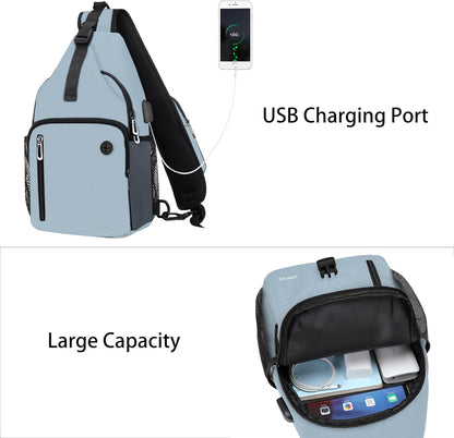 Sling Backpack Bag, Crossbody Shoulder Bag Travel Hiking Daypack Chest Bag with Front Square Pocket&USB Charging Port